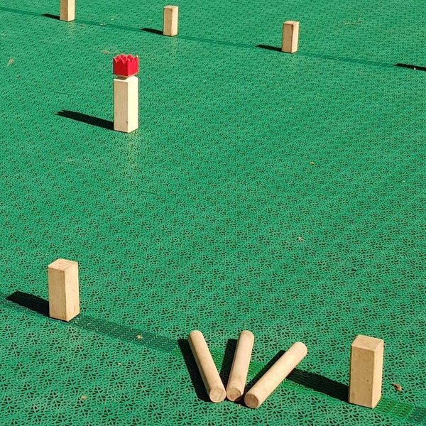 Auf einem grünen Spielplatz sind mehrere hölzerne Spielsteine positioniert. Ein rotes Element steht in der Mitte, während andere beige Steine umher verteilt sind. Einige Steine liegen auf dem Boden, bereit zum Spielen.